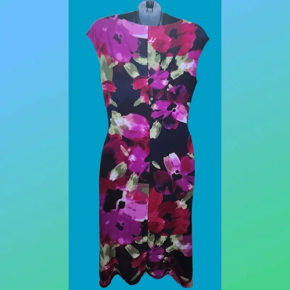 LAUREN RALPH LAUREN FLORAL PRINT COWL NECK RUCHED SLEEVELESS DESIGNER DRESS - Picture 4 of 5